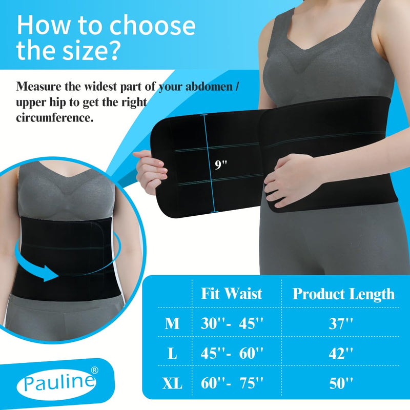 Abdominal Binder Post Surgery Compression Support | Stomach Wrap Belly Band for Hernia Tummy Tuck | Soft, Latex-free, Breathable - (45" - 60") 3 Panel - 9" Black L / 45"-60"