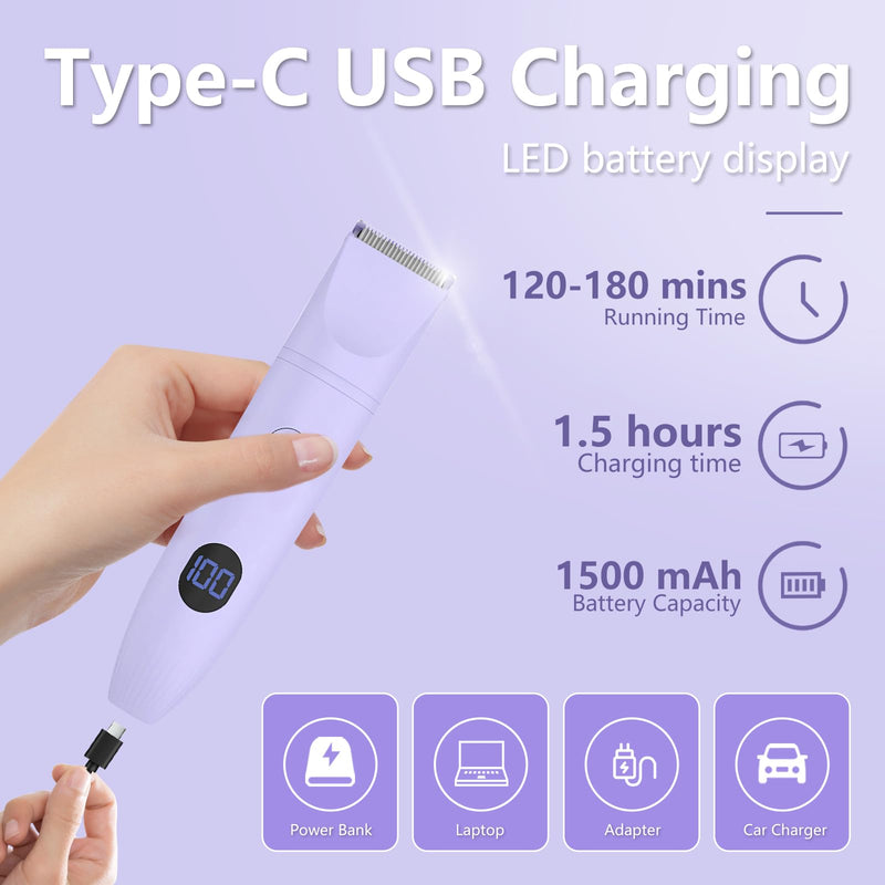 [Australia] - 3-in-1 Bikini Trimmer for Women, IPX7 Waterproof Electric Shaver for Women-Rechargeable Electric Razors for Pubic, Facial & Body Hair Trimmer with LED Display, Travel Kit & Painless Blades (Purple) Purple 
