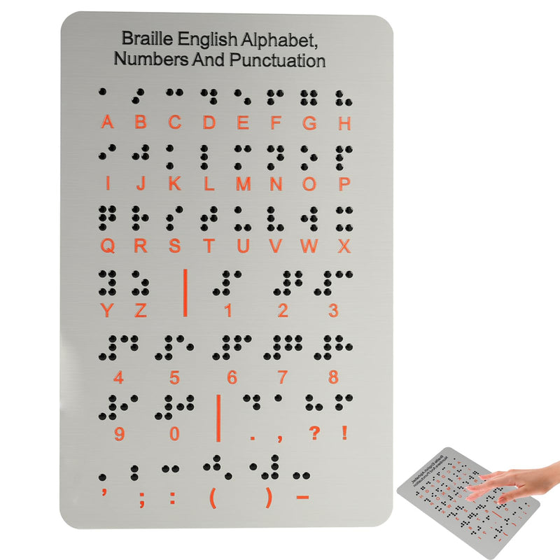 Braille Alphabet Board, Aluminum Braille Learning Board with Raised Dots, Portable Alphabet Chart for Visually Impaired Products, Gifts for Blind People Education Beginners Teaching Aid (Sliver)