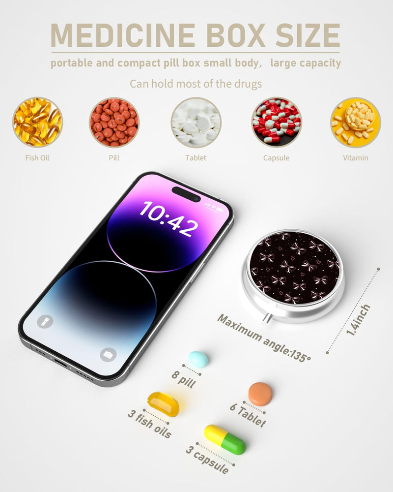 Pill Box, 3 Compartment Portable Travel Medicine Box with Mirror | Compact and Cute, Fits in Purse and Pocket, Medicine and Vitamin Organizer, Love Bow