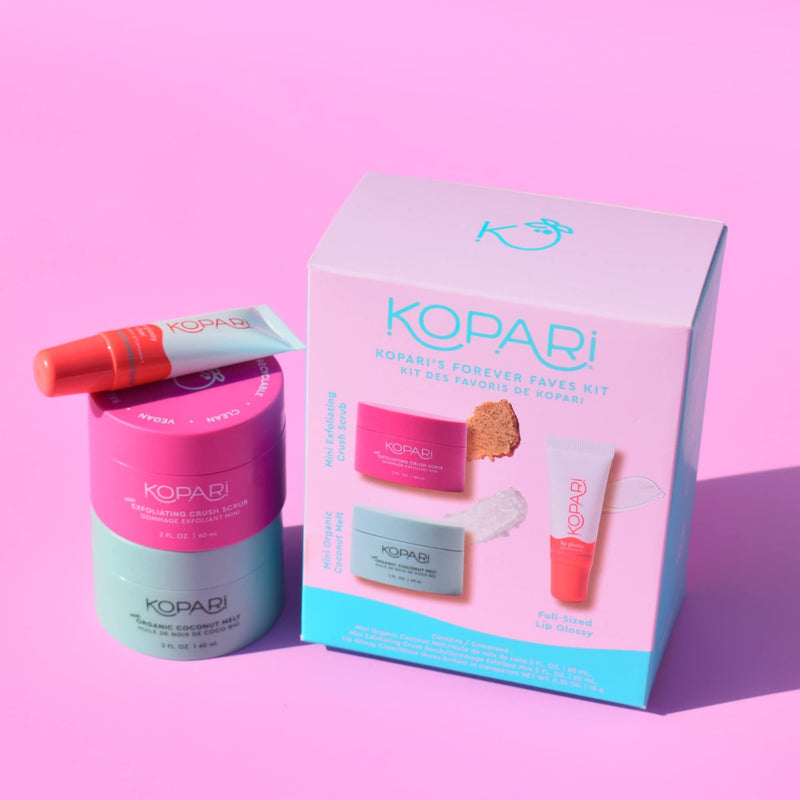 Kopari Forever Faves Bundle | Mini Organic Coconut Melt, Exfoliating Mini Coconut Crush Scrub, Clear Moisturizing Lip Glossy | Body and Lip Kit to Soothe and Hydrate Dry Skin | Cruelty Free, Vegan