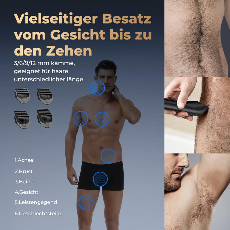 [Australia] - Ualans Intimate Razor for Men, Improved USB C Multifunctional Body Hair Trimmer Men with LED Light and Display, IPX7 Waterproof - Wet and Dry, 4 Attachment Combs, Gift for Men 
