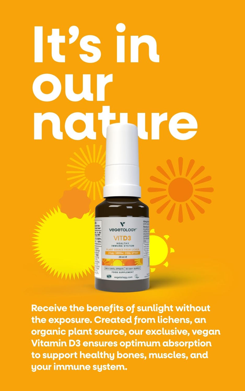 Vegetology Vitashine Vegan Vitamin D3 Spray, 1000IU, Sourced from Lichens, Supports Bones, Muscles and Immunity, Made in UK, for All Ages, 30 Day Supply