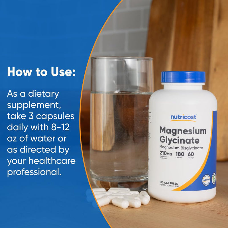 [Australia] - Nutricost Magnesium Glycinate Capsules (180 Capsules, 210 mg Per Serving) - Magnesium Glycinate Supplement for Gentle Absorption Unflavored 180 Count (Pack of 1) 