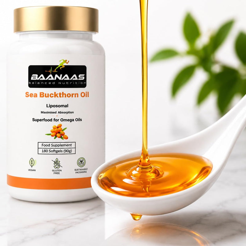 LIPOSOMAL Sea Buckthorn Oil Capsules 30,000mg | 180 Count | High Strength Vegan Supplement | Source of Omega 7 Essential Fatty Acids | No Artificial Preservatives | by Baanaas