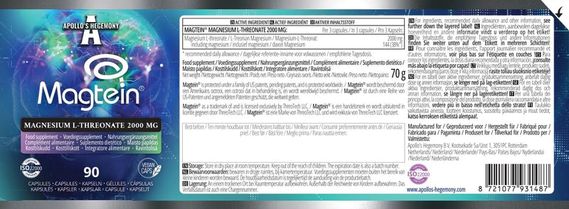 Magtein® Magnesium L-Threonate 144 mg per Daily Dose - 90 Vegan Capsules - 30-Day Supply - for Cognitive Function Support - by Apollo's Hegemony Capsule 90 count (Pack of 1)