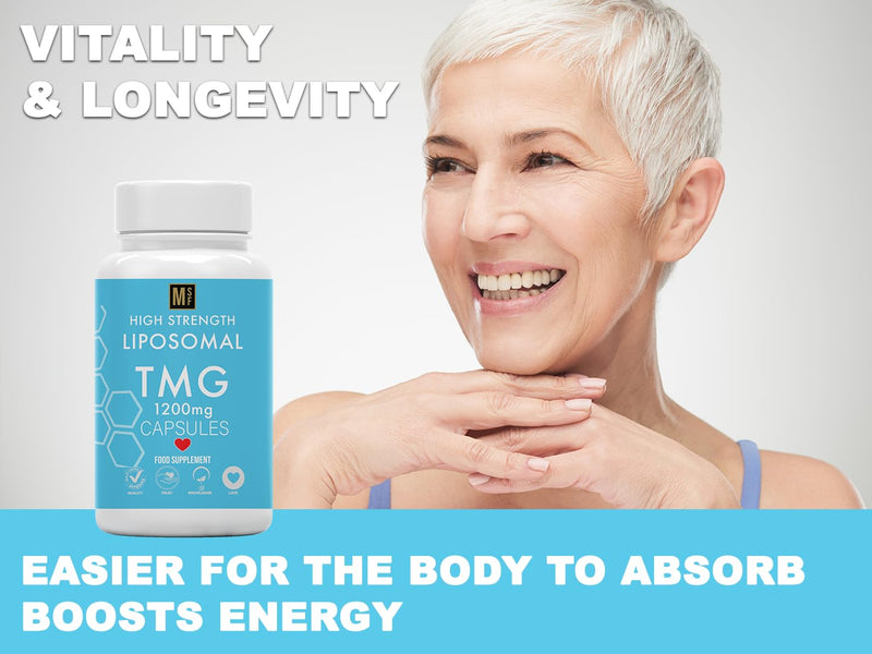 TMG 120 Capsules (1200mg) 99% Pure Trimethylglycine Supplement as Betaine | High Strength 1-A-Day | 4 Months Supply | Liver Heart Health | Liposomal Delivery for Max Absorption, Longevity, Vegan