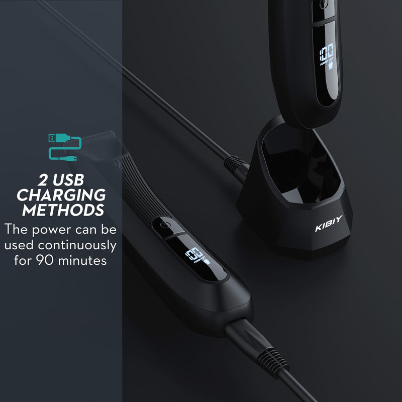 [Australia] - Intimate razor for men, Kibiy electric body razor for men with replaceable anti-cut ceramic blade, professional IPX7 waterproof body hair trimmer with LED light, display and standing charging station... Black Body with two blades 