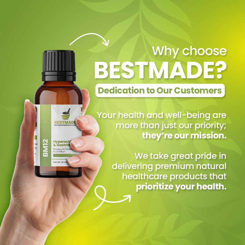 Bestmade Hyperacidity and Gastritis Relief BM12 - Comprehensive, Gentle Support for Digestive Health, Helping Indigestion, Ulcers, and Heartburn, Natural Homeopathic Formula, 30 mL Drops