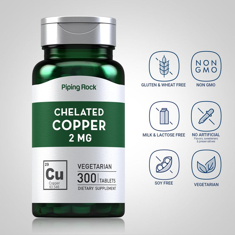 [Australia] - Piping Rock Chelated Copper 2 mg Supplement | 300 Tablets | Vegetarian, Non-GMO, Gluten Free 300 Count (Pack of 1) 