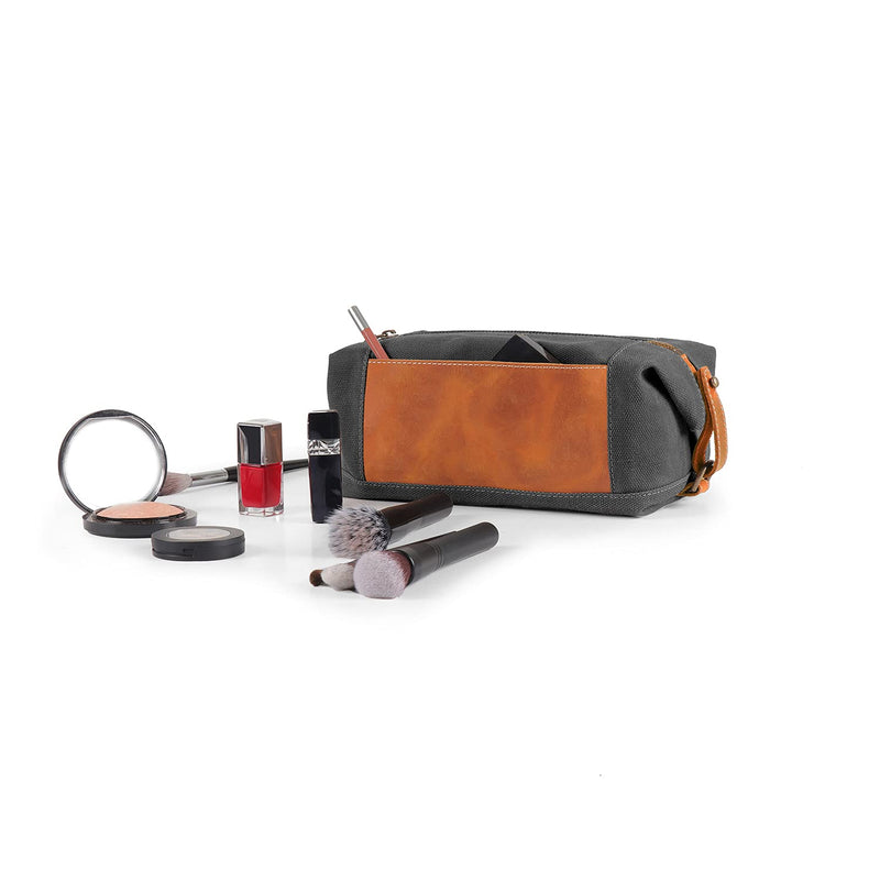 Londo Travel Toiletry Bag, Top-Grain Leather & Canvas Hanging Dopp Kit, Bathroom Case, & Makeup Organizer, Unisex One Size Camel