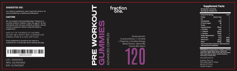 Fraction One Pre Workout Gummies - 120 Gummies - Energy Focus Support Complex With Guarana, L Theanine, L Citrulline, Vitamins B6, B12 & Niacin Performance & Endurance - Berry - Vegan - 60 Days Supply