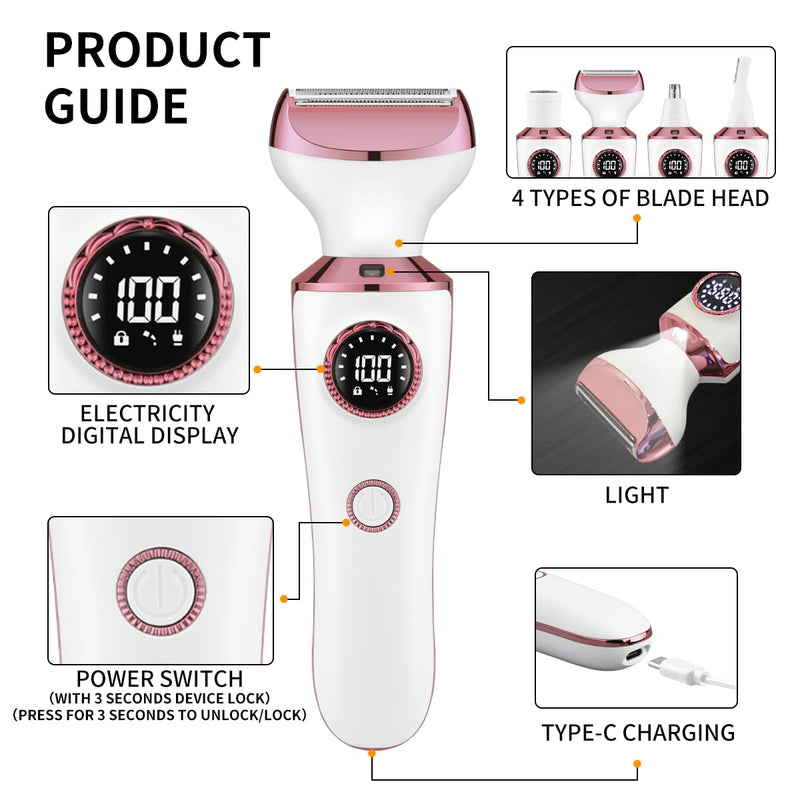 4-in-1 Electric Razor & Bikini Trimmer for Women - Rechargeable Wet/Dry Body Shaver for Face, Legs, Underarms, Pubic Hair, IPX6 Waterproof with LED Light & Travel Lock