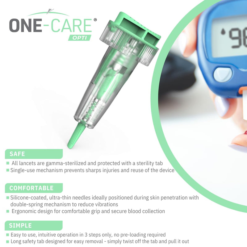 [Australia] - 200 Count: ONE-CARE Opti Safety Lancets, Top Button Activated, 30G x 1.5mm, Auto-Retractable, Sterile, Single Use, Ideal for Blood Testing, Ultra-Thin for Comfort 