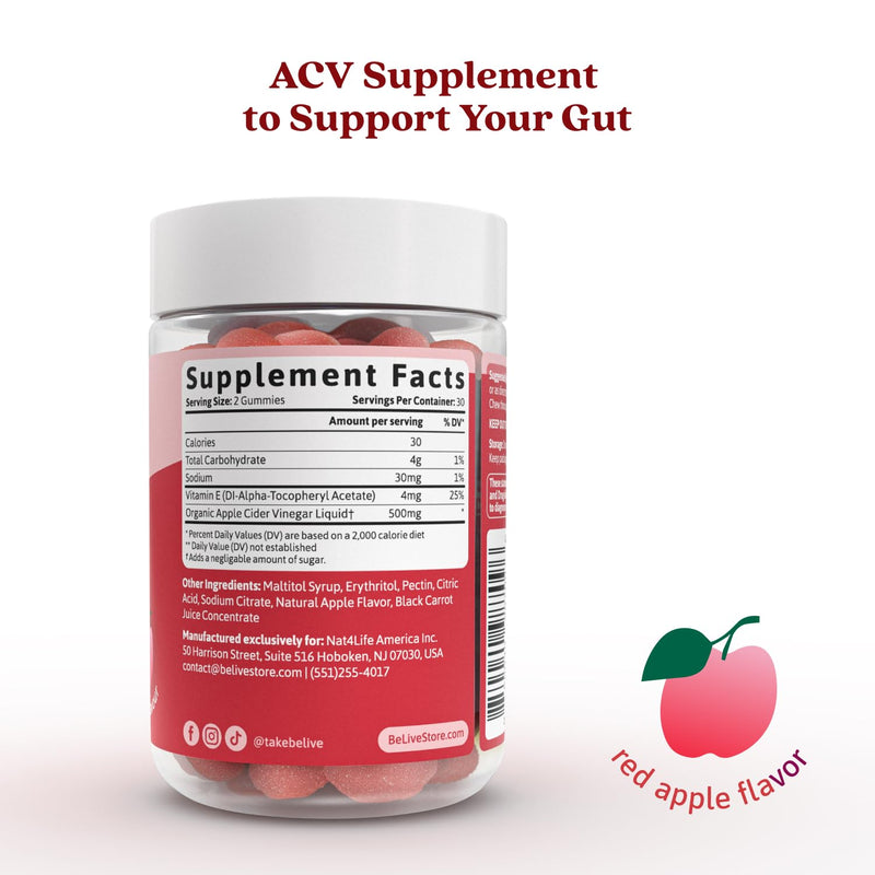 BeLive Apple Cider Vinegar Gummies, 500mg, for Digestive Health, Zero Sugar | ACV Supplement for Digestion Support, Bloating, and Detox, Apple Flavor, Gluten Free, 60 count 60 Count (Pack of 1)