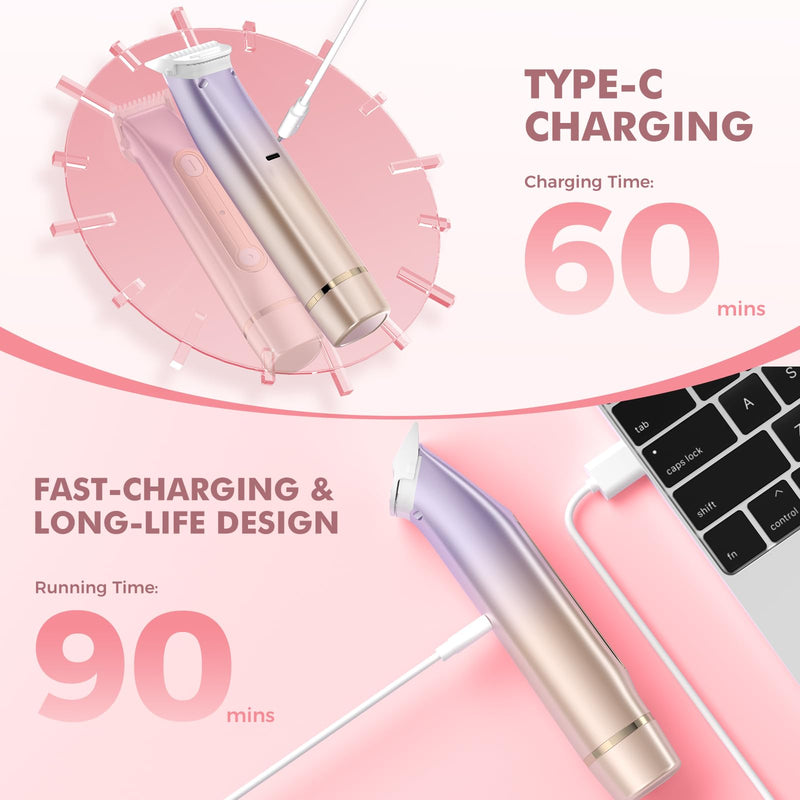 [Australia] - 2 in 1 Bikini Trimmer for Women, Dual Head Electric Razor, IPX7 Waterproof Wet/Dry Use Women Electric Shaver, Painless Body Facial Hair Remover for Bikini Legs Arm Underarm, (Lavender) Lavender 