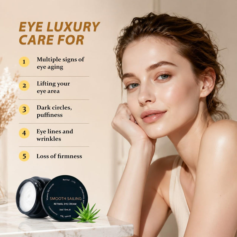 Retinol Eye Cream for Under Eye Area, Nightly Eye Moisturizer Cream with Hyaluronic Acid and Vitamin B5 for Fine Lines and Dark Circles, Hydrating and Smoothing Skin Care, 0.5 oz / 15ml