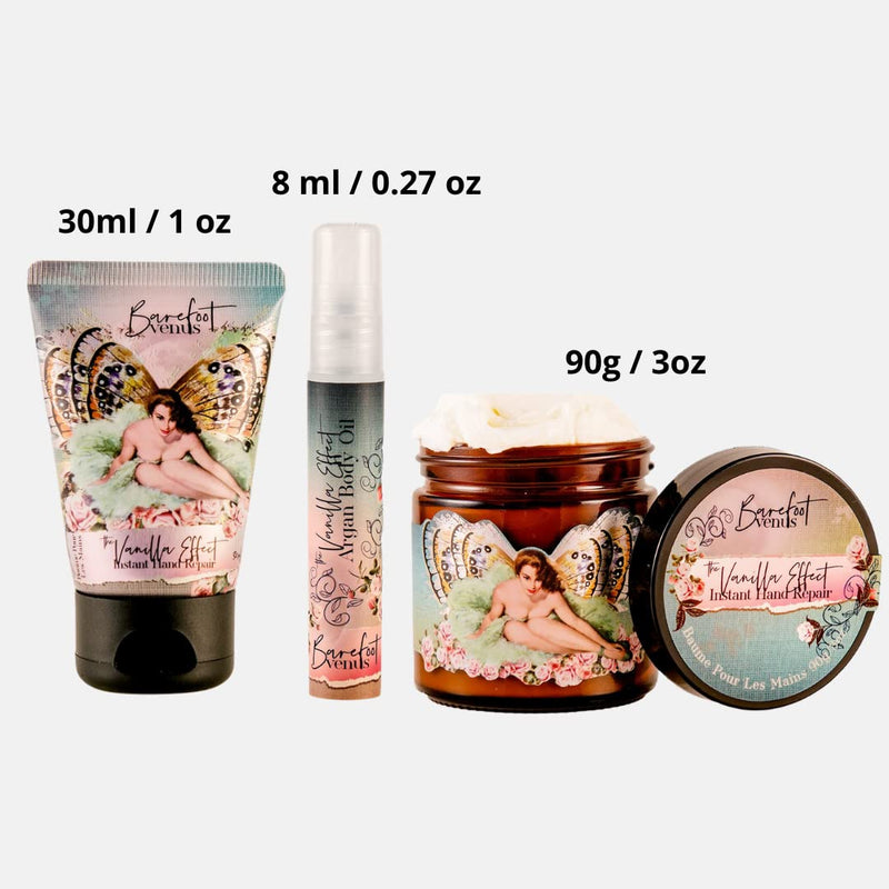 [Australia] - Barefoot Venus Vanilla Effect Bundle: Instant Hand Repair (3 oz), Mini Instant Hand Repair (1 oz), Argan Body Oil (0.27 oz) The Vanilla Effect 