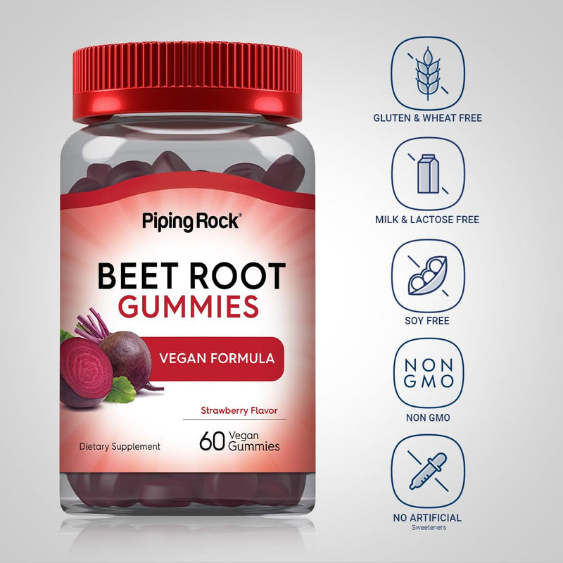 Piping Rock Beet Root Gummies | 60 Count | for Men and Women | Nitric Oxide Supplement | with Vitamin C and Black Pepper | Strawberry Flavor | Vegan, Non-GMO, Gluten Free