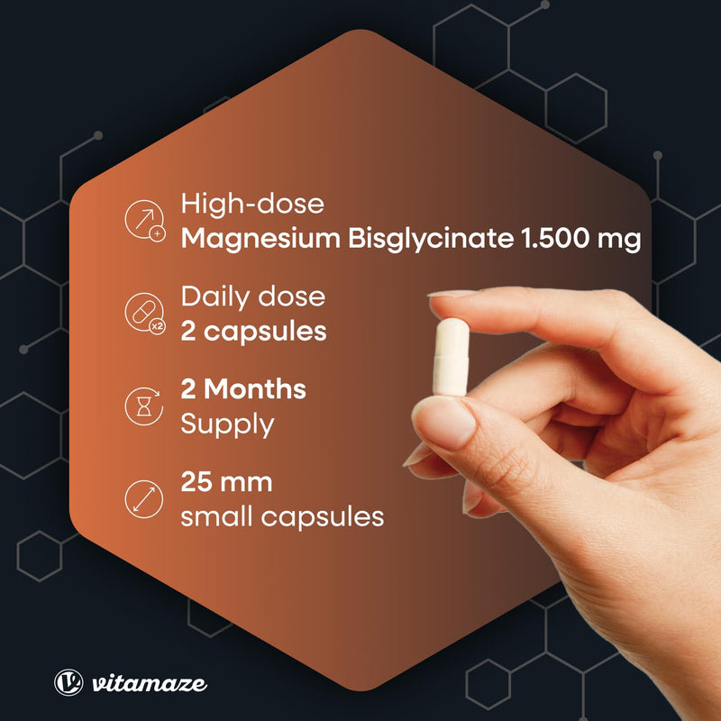 Magnesium Bisglycinate 1500 mg in only 2 small capsules per day, highly dosed & Vegan, 120 Capsules for 2 Months, 300 mg Elemental Magnesium, Bones and Sleep without additives made in Germany Vitamaze 120 count (Pack of 1)