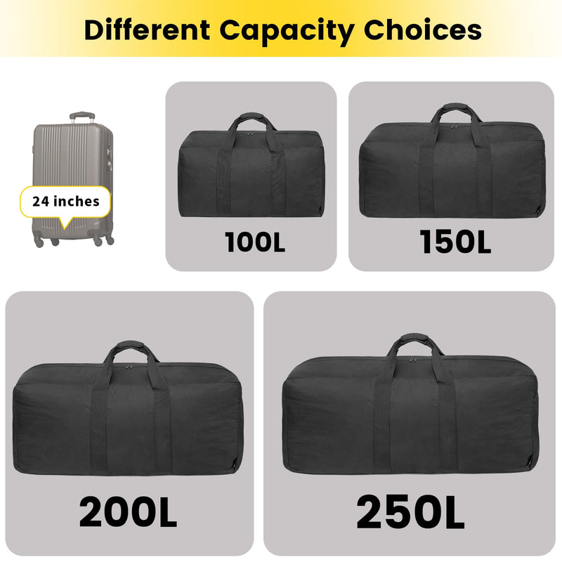 Vorspack 200L Extra Large Duffle Bag for Travel, Camping - Black | Foldable Travel Bag, Thickened 600D Polyester, Tear-Resistant, Padded Handle, Ideal for Moving, Weekend, Overnight, Hospital 200 l