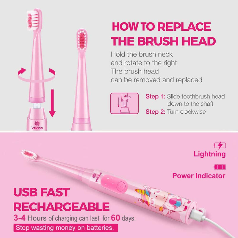 [Australia] - Vekkia Sonic Rechargeable Kids Electric Toothbrush, 3 Modes with Memory, Fun & Easy Cleaning, 24000 Strokes, IPX7 Waterproof, 2-Min Timer for Age 5+, 4 Soft Bristles(Pink) Pink 