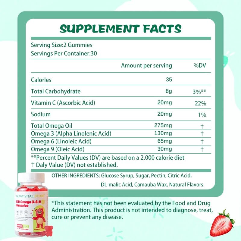 Kids Omega 3-6-9 Gummies – Plant-Based Brain, Eye & Heart Support – Strawberry Flavor – ALA, LA, Oleic Acid – Vegan, Gluten-Free, Non-GMO – 60 Gummies by Glow Vital Store (1) 1