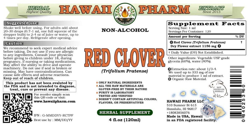 [Australia] - Hawaii Pharm Red Clover Alcohol-Free Liquid Extract, Red Clover (Trifolium Pratense) Flower Glycerite Natural Herbal Supplement, USA 2 fl.oz 2 Fl Oz (Pack of 1) 