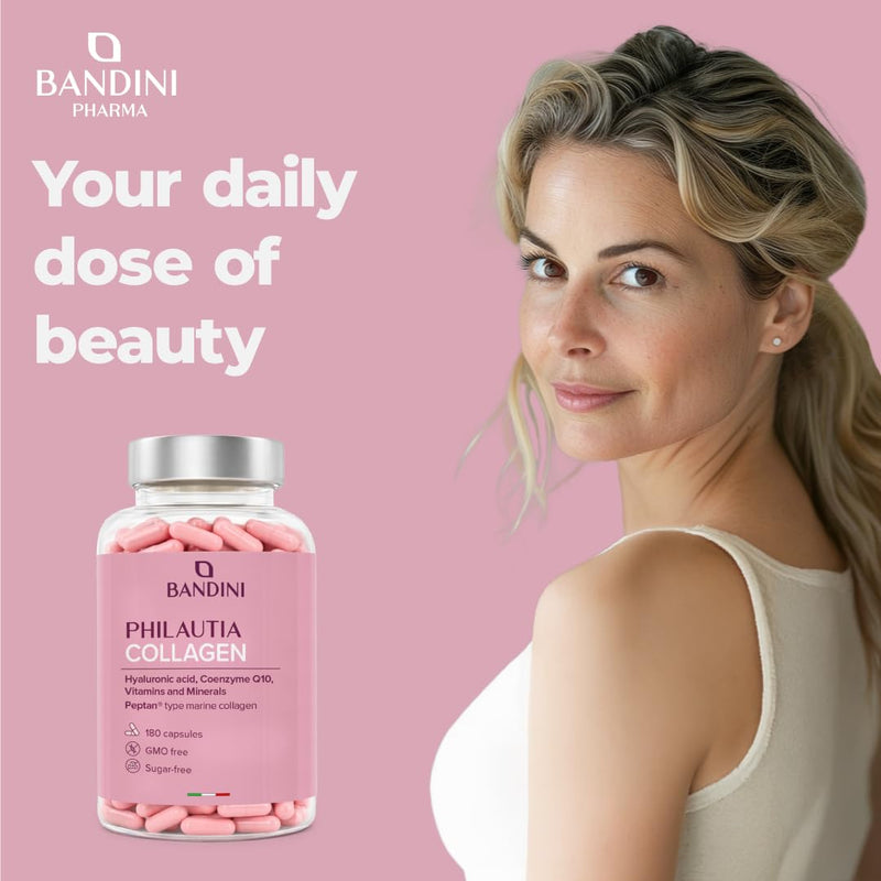 Bandini® Collagen Peptan® and Hyaluronic Acid 180 Capsules + Vitamin C, Biotin, Zinc, Coenzyme Q10 and Selenium, 1000mg Collagen Marine Hydrolysate Type 1 — Elasticity of Skin, Joints and Bones