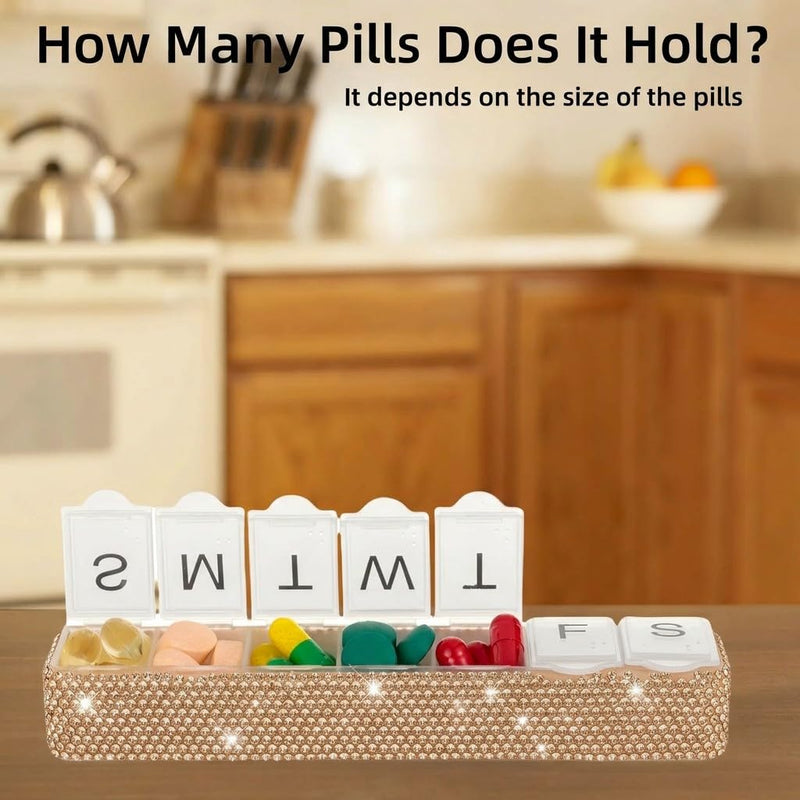 Weekly Pill Organizer 7 Day Small Pill Case Medicine Holder Daily Pill Box Bling Vitamin Container Medication Cases Organizers(Peach) Peach