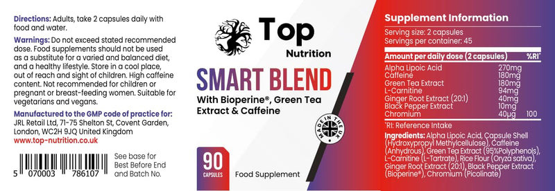 Smart Blend Fat Burner - 90 Vegan Capsules with Caffeine, Green Tea, L-Carnitine & Ginger Root - Weight Management, Metabolism & Appetite Support - Made in UK
