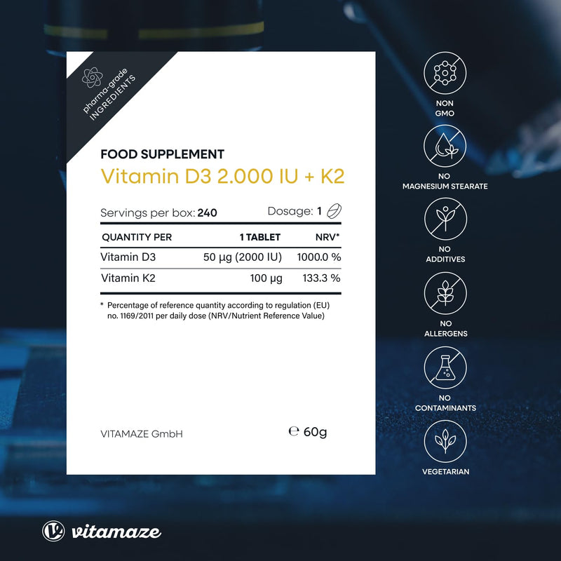 Vitamaze® Vitamin D3 K2 high dose, 2000 IU Vitamin D3 + 100 mcg Vitamin K2 MK7 All Trans, 240 Tablets Vitamin D Without Unnecessary additives, Made in Germany