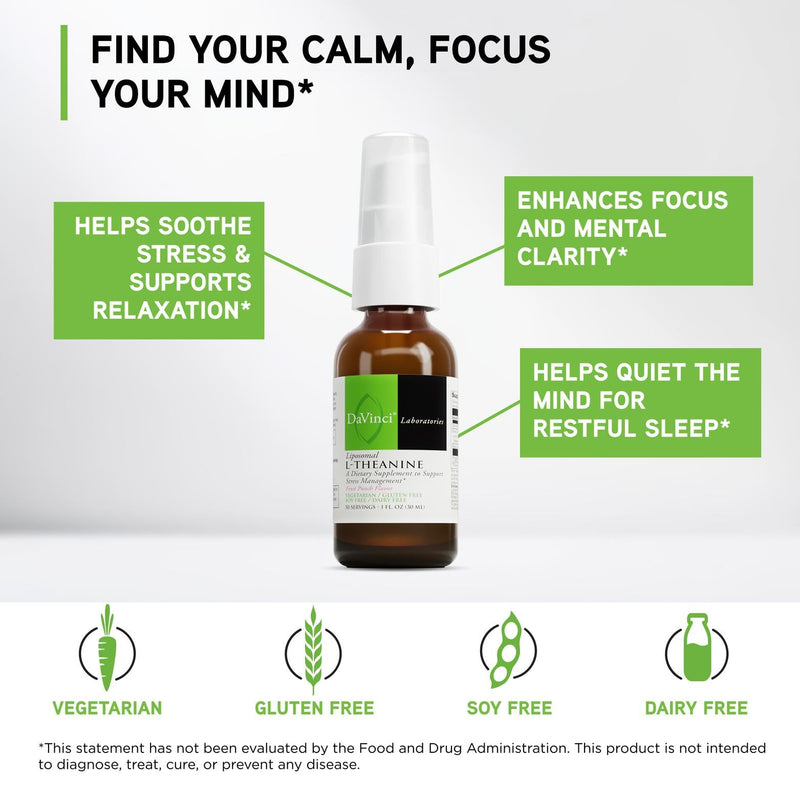 DAVINCI Labs Liposomal L-Theanine - Dietary Supplement to Support Stress Management, Concentration, Focus and Relaxation* - Vegetarian - Gluten and Soy-Free - Dairy-Free - 30 ml