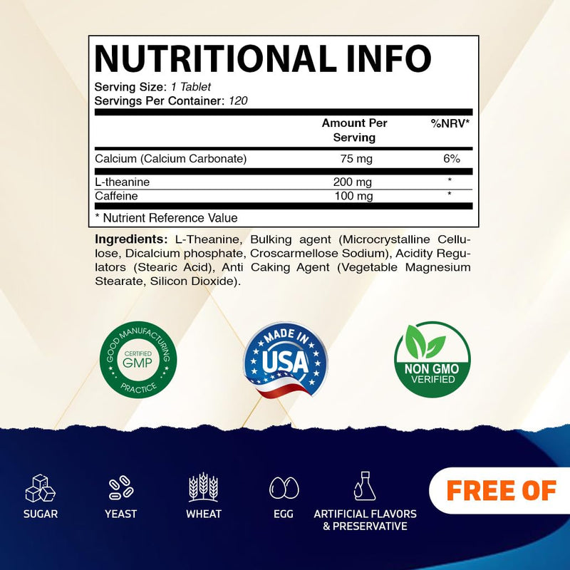 Vitamatic L-Theanine 200mg with Caffeine 100mg 120 Vegetarian Tablets - Nootropic Supplement for Focused Energy