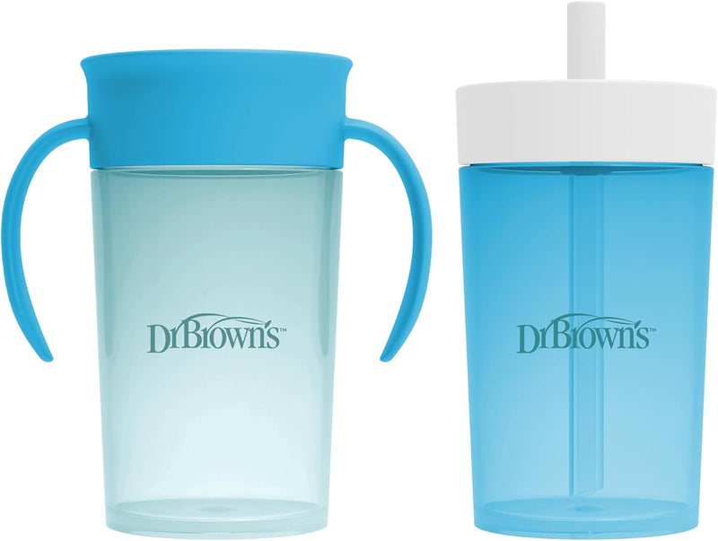 [Australia] - Dr. Brown's Milestones Straw to 360¬∞ Cup Set, Convertible Toddler Training Cup Set with Interchangeable Silicone Straw and 360 Degree Cup Lids, Blue Ocean, 10 oz/300 mL, BPA Free, 9m+, 2 Pack 
