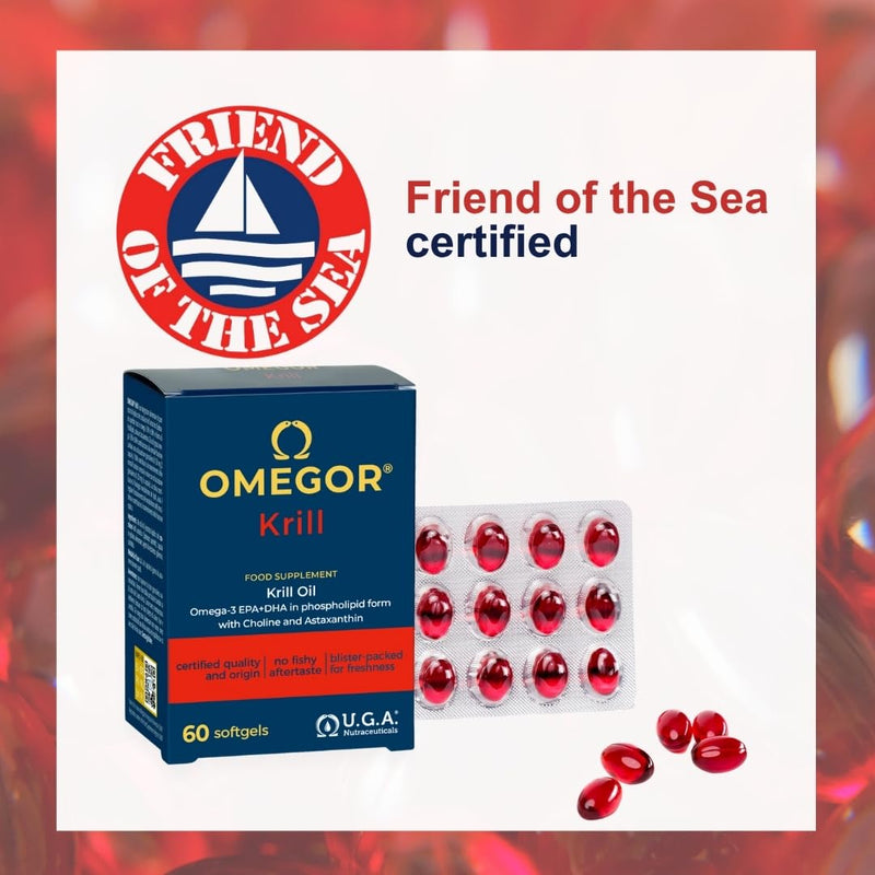 OMEGOR Krill Oil Capsules Omega 3 - Antartic Krill Oil with EPA, DHA, Astaxanthin, Choline, Phospholipids - High Bioavailability and No Aftertaste (60 Softgel Caps) Krill+D3