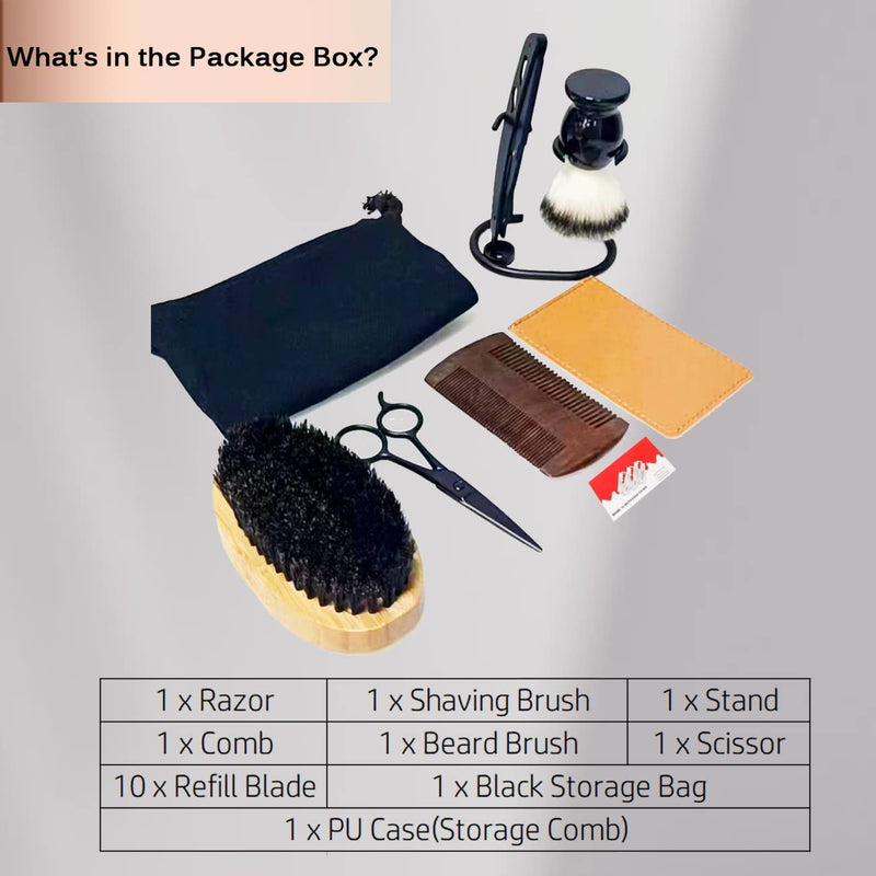 [Australia] - Shaving & Grooming Kit for Men, Danweix Beard Kit Brush Comb Scissors with Storage Bag Shaving Razor Brush with Stand holder 10pcs Refill Blades Great for Grooming Beards and Mustaches 