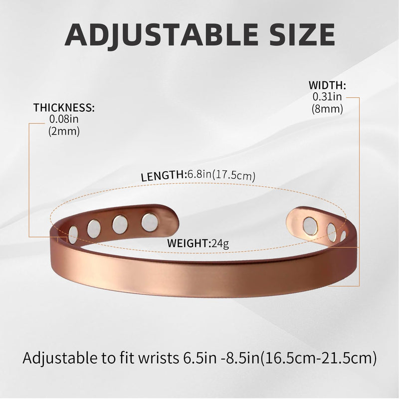 [Australia] - MagEnergy Copper Bracelet for Men and Women, 99.9% Pure Copper Magnetic Bangle with 8pcs 3500 Gauss Magnets, Adjustable Jewelry Gift 6.8 Inches 