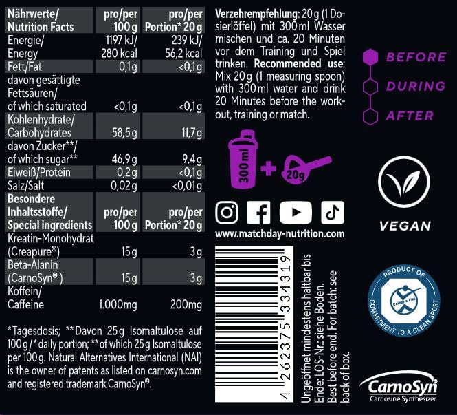 [Australia] - Matchday BOOST Energy I 400 g pre-workout booster: 200 mg caffeine, beta-alanine, creatine - top concentration and performance I isomaltulose for stable blood sugar levels (Black Edition) Black Edition 