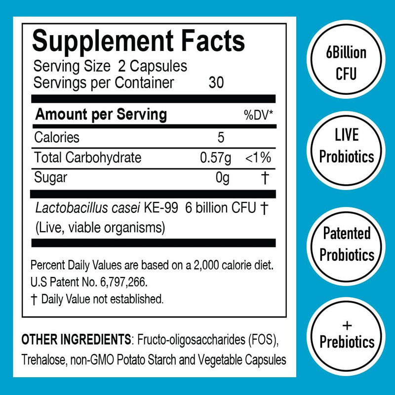 Probiohealth: Probiotics 6 Billion CFU, Probiotics for Women and Men, Lactobacillus casei (KE-99), FOS, Trehalose, Vegetarian Capsules, 60 Count