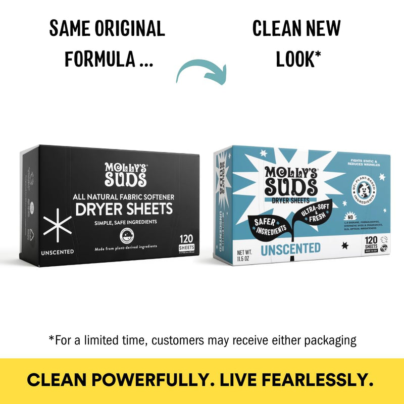 [Australia] - Molly's Suds Fabric Softener Dryer Sheets for Sensitive Skin | Plant-Based Static Reducer, Plastic-Free Packaging | Unscented (120 Sheets) 