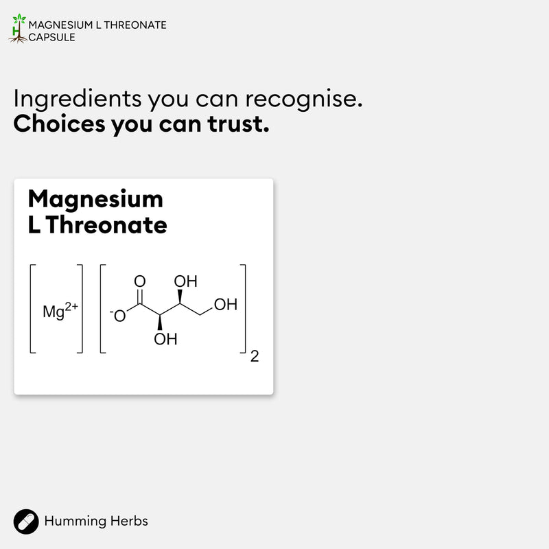 Humming Herbs Magnesium L-Threonate Supplement 1500mg per Serving | Provides 120mg Elemental Magnesium (30% NRV) | 120 Vegan Capsules | 40 Day Supply