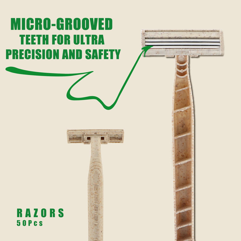 EZ Disposable Razor - 50pcs Eco Friendly Disposable Three Blade Shaving Razor for Men/Women's Grooming, Biodegradable Single-Use Body & Face Shaver for Eco Friendly Product Gifts