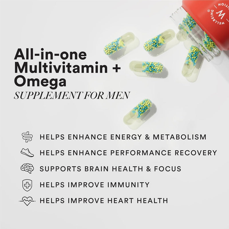 Wellbeing Nutrition Slow Multivitamin for Him | Plant Based 100% RDA of 22 essential Vitamins & Minerals |Caffeine & Ginseng in MCT Oil| Energy, Stamina, Bone & Joint, Immunity & Vitality(60 Capsules)