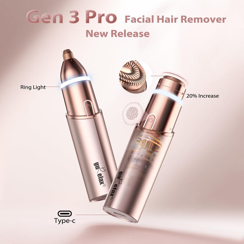 Facial Hair Remover for Women(Gen 3 Pro), Eyebrow Facial Trimmer, Luxury 2 in1 Hair Removal Device for Face, Lip, Nose, with Replacement Heads Gold(2-in-1)+2 Heads