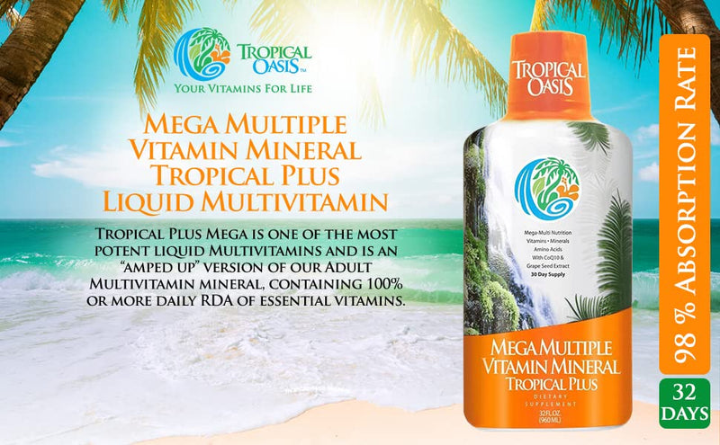 Tropical Oasis Mega Plus - Liquid Multivitamin and Mineral Supplement – Includes 85 Vitamins & Minerals, 20 Amino Acids + CoQ10, Grape Seed Extract & Organic Aloe Vera - 32oz, 32 Servings, 33460