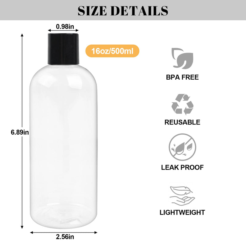 16 oz BPA Free Plastic Suqeeze Bottles with Black Disc Caps Refillable Travel Containers for Toiletries Shampoo conditioner Lotions Liquid Soap Shower Gel (26Pack, Clear)