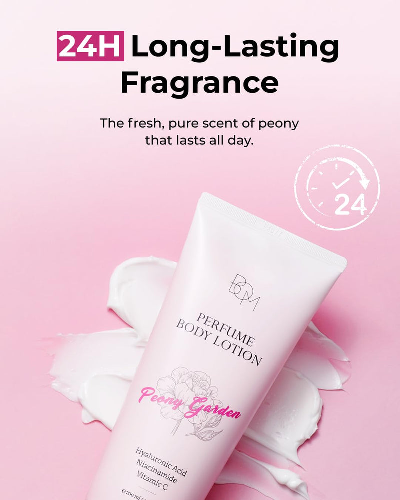 BOM Peony Garden Perfume Body Lotion 6.76 Fl Oz, Floral Scented Body Cream with Hyaluronic Acid, Niacinamide & Vitamin C, Long-Lasting Moisture & Fragrance, Non-Sticky & Smoothing, Korean Skincare 6.76 Fl Oz (Pack of 1)