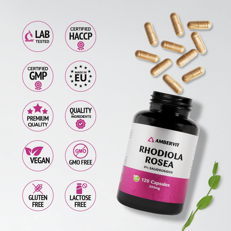 Rhodiola Rosea Capsules High Strength 500mg - 120 Capsules - 3% Salidrosides - Premium Rhodiola Root Extract - 4 Months Supply | Ambervit