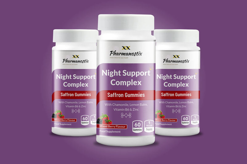 Night Support Complex Vegan & Sugar-Free Gummies (60) - 90 mg Saffron per Gummy- with Calming Chamomile & Lemon Balm, Vitamin B6 & Zinc- 1 Month Supply - Mixed Berry Flavour